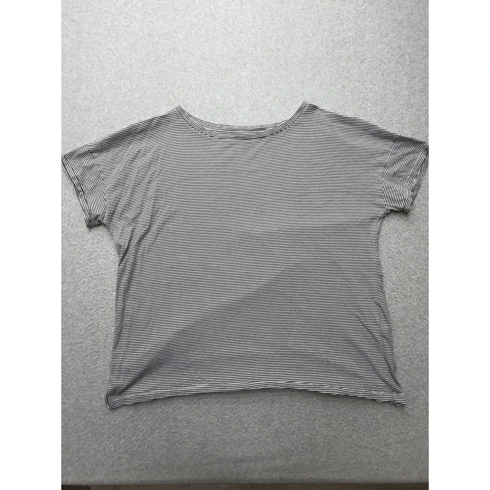 Eileen Fisher T-Shirt Womens Large Black Stripe Boat Neck Organic Cotton Dolman